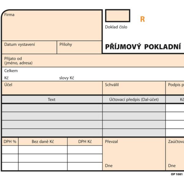 Příjmový pokl. doklad NCR 2x50 čísl. A6 OPT 81 - propisující Příjmový pokladní doklad A6 NCR 2x50 čísl. A6 OPT 81 číslovaný samopropisovací pro podvojné účetnictví. S perforací pro snadné odtržení a dírkováním pro založení. Pokladní doklad slouží k zachycení pohybu peněžní hotovosti v pokladně