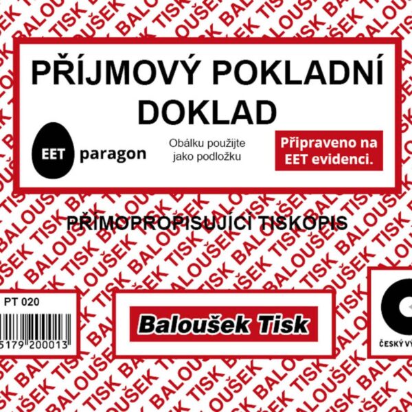 Příjmový pokl. doklad Baloušek NCR PT020 - propisující Příjmový pokladní doklad A6 Baloušek NCR PT020 samopropisovací pro podvojné účetnictví. Pokladní doklad slouží k zachycení pohybu peněžní hotovosti v pokladně