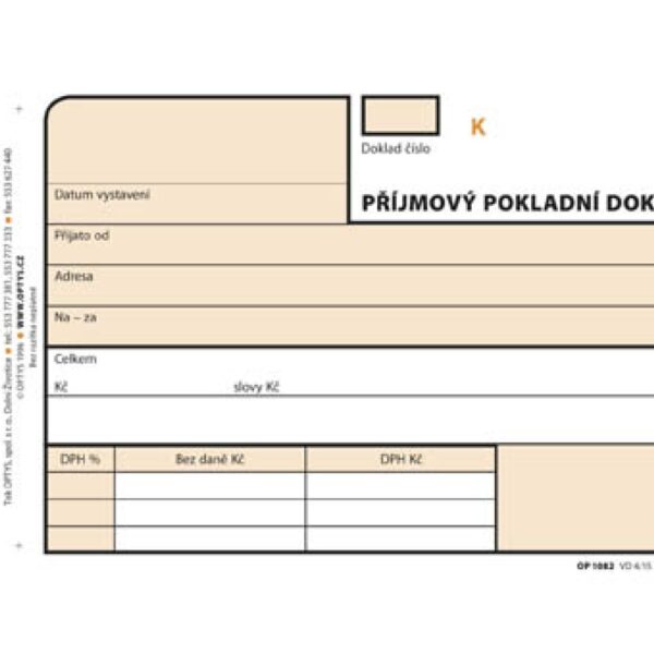 Příjmový pokl. doklad NCR 3x25 čísl. A6 OPT 82 - propisující Příjmový pokladní doklad A6 AN CR 3x25 OPT 82 nečíslovaný samopropisovací pro podvojné účetnictví. S perforací pro snadné odtržení a dírkováním pro založení. Pokladní doklad slouží k zachycení pohybu peněžní hotovosti v pokladně