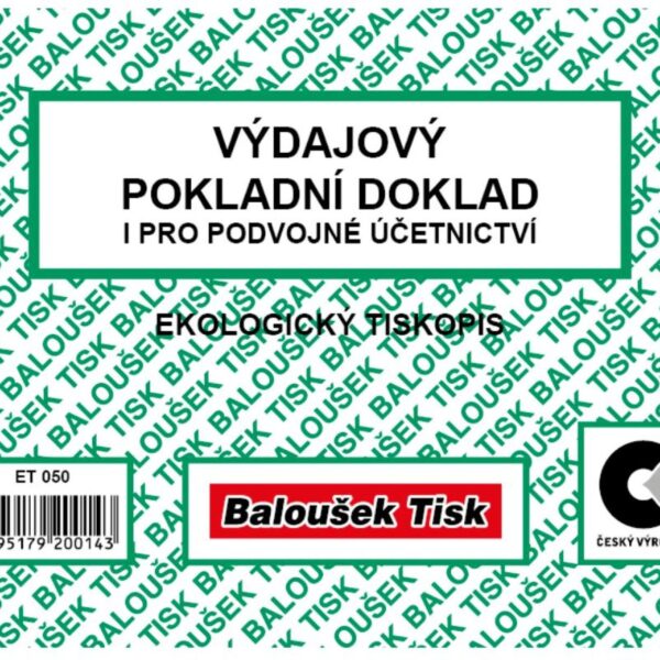 Výdajový pokladní doklad A6 Baloušek ET050 pro podvoj. účetnictví - nepropisující Příjmový pokladní doklad A6 Baloušek ET050 nepropisovací pro podvojné účetnictví. Pokladní doklad slouží k zachycení pohybu peněžní hotovosti v pokladně