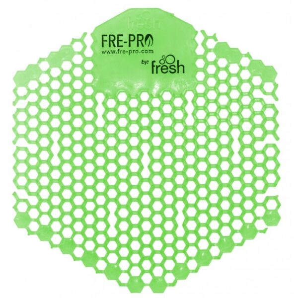 Vonné sítko do pisoáru Fre-Pro Cucumber meloun/zelené Oboustranné vonné gelové sítko do pisoáru Wave 3D je součástí řady originálních produktů FRE-PRO. Unikátní šestiúhelníkový tvar se speciálně řešenými otvory umožňuje náhled do odpadových cest