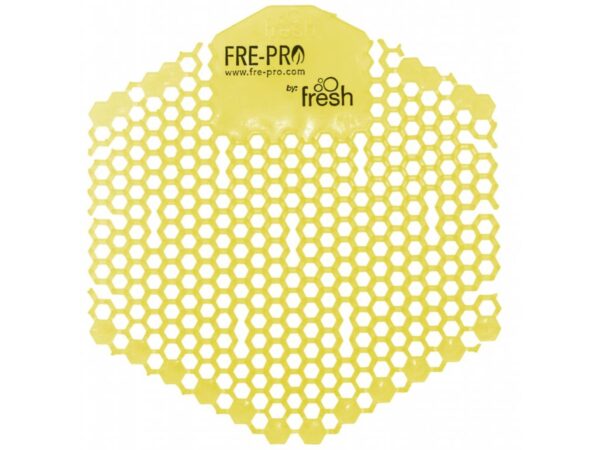 Vonné sítko do pisoáru Fre-Pro Citrus/žluté Vonné sítko do pisoáru Fre-Pro Citrus/žluté Oboustranné vonné gelové sítko do pisoáru Wave 3D je součástí řady originálních produktů FRE-PRO. Unikátní šestiúhelníkový tvar se speciálně řešenými otvory umožňuje náhled do odpadových cest