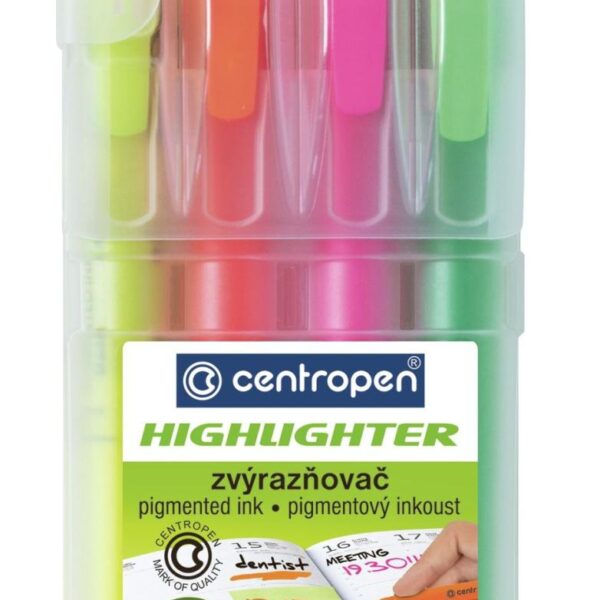 Zvýrazňovač Centropen 8722/4ks Centropen 8722 HIGHLIGHTER je celofluorescenční Zvýrazňovač. Je vybaven ERGO držením.Obsahuje fluorescenční pigmentový inkoust. Je určen na všechny druhy papíru a je osazen klínovým hrotem.
