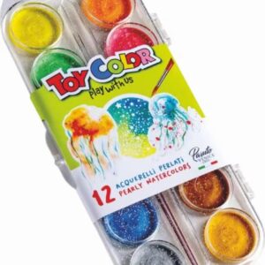 Barvy vodové Toy color 30mm/12 barev perleťové Netoxické vodové barvy vysoké kvality s průhledným plastovým obalem a přiloženým štětcem. Barvy mají perleťový odstín.