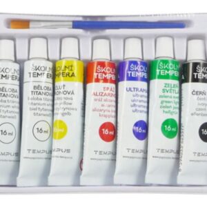 Barvy temperové Tempus 6 + 1 Temperové barvy jsou vyrobeny z vysoce kvalitních pigmentů s dobrou odolností proti světlu. Výsledné barvy jsou jasné a čisté