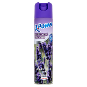 Osvěžovač vzduchu Q Power levandule 300ml Osvěžovač vzduchu Q-Power s vůní levandule určenou k rychlému a účinnému osvěžení vašeho domova a pohlcení nepříjemných pachů. Naplní místnost plnou svěží vůní. Osvěžovač vzduchu před použitím protřepejte. Uchopte nádobu svisle a rozprašujte směrem do středu místnosti. Nestříkejte přímo na potraviny a textil.