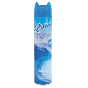 Osvěžovač vzduchu Q Power oceán 300ml Osvěžovač vzduchu Q-Power s vůní oceánu určenou k rychlému a účinnému osvěžení vašeho domova a pohlcení nepříjemných pachů. Naplní místnost plnou svěží vůní. Osvěžovač vzduchu před použitím protřepejte. Uchopte nádobu svisle a rozprašujte směrem do středu místnosti. Nestříkejte přímo na potraviny a textil.