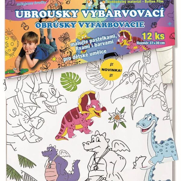 Omalovánky - Vybarvovací ubrousky - Dinosauři 12ks Vybarvovací ubrousky jsou malá tvořivá plátna o rozměrech 37x30 cm pro děti od 3 let.
