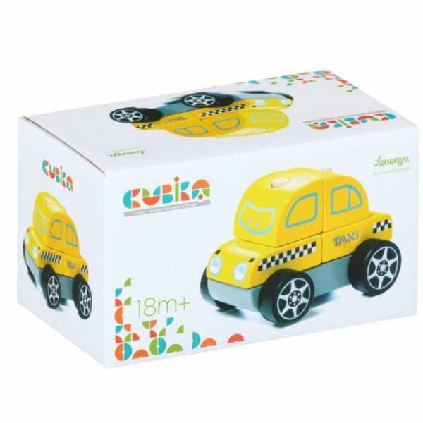 Závodní vůz k silikonové autodráze ROAD - skládací taxi 5 dílů CUBIKA je nová značka dřevěných hraček vyrobených pouze z ekologicky pěstovaného dřeva s velmi precizním opracováním a líbivým designem. Taxi vůz je dřevěná skládačka s 5 díly