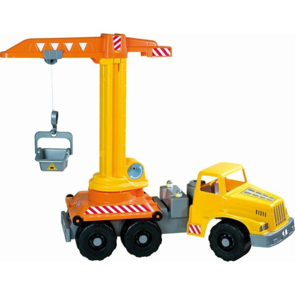 Plastový autojeřáb Androni - 71cm Obří plastové auto s jeřábem a pohyblivým sběrným košem s ručním pohonem na kličku z řady Giant Truck v hnědé ekologické krabici. Vyrobené z kvalitních plastů v Itálii. 
