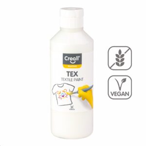 Barvy na textil CREALL 250ml bílá Textilní barvy na bázi akrylu nabízí dokonalé krytí a snadné nanášení. Pomocí štětce a barev vykreslete obrázek přímo na textil. Nechte zaschnout 2 hodiny. Zafixujte pomocí žehličky ze zadní lícové strany. Díky fixaci zůstanou vaše výtvory odolné a stálobarevné. Lze prát na 30 °C