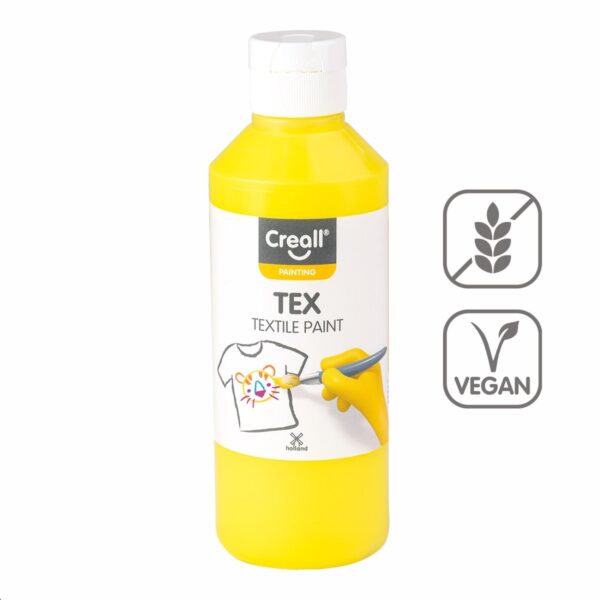Barvy na textil CREALL 250ml žlutá Textilní barvy na bázi akrylu nabízí dokonalé krytí a snadné nanášení. Pomocí štětce a barev vykreslete obrázek přímo na textil. Nechte zaschnout 2 hodiny. Zafixujte pomocí žehličky ze zadní lícové strany. Díky fixaci zůstanou vaše výtvory odolné a stálobarevné. Lze prát na 30 °C