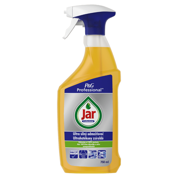 JAR ultra silný odmašťovač s rozprašovačem na kuchyně 750ml Vysoce účinný prostředek ve spreji na odstraňování odolné mastnoty Jar Professional ultra silný odmašťovač je určen pro profesionální kuchyně a bez obav jej lze používat i na všechny povrchy