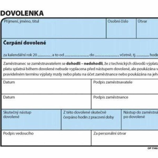 Dovolenka A6 OPT 1146 - nepropisující Dovolenka A6 na šířku OPT 1146 hodinová nečíslovaná nepropisovací. S perforacemi pro snadné odtržení a děrováním pro snadné založení.

