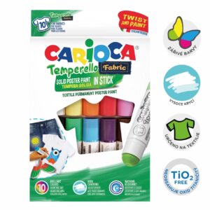 Barvy temperové twist Carioca na textil 10barev Vytvořte si jedinečné módní kousky s temperovými barvami na textil od italské značky Carioca. Praktické balení v tyčince pro nanášení barev. Skvělá zábava pro všechny bez ohledu na věk!
