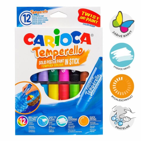 Barvy temperové twist Carioca v tyčince 12barev Temperové barvy twist v praktické šroubovací tyčince přináší nekonečné možnosti kreativního tvoření. V závislosti na tlaku