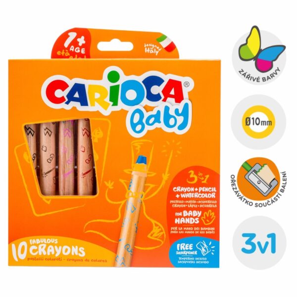 Pastelky voskové Carioca pro nejmenší 3v1 10barev + ořezávátko Revoluční voskovky 3 v 1