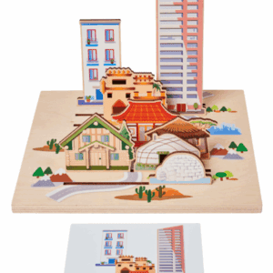 Hra Vytvoř si svůj příběh! - Město Tato puzzle deska se skládá z 8 různých typů domů: od iglú po mrakodrap. Puzzle nabízí dvě herní možnosti: Zadní strana desky funguje jako puzzle hra