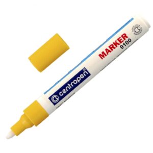 Značkovač lakový Centropen 9100 žlutý Lakový značkovač s přepouštěcím mechanismem a světlostálým inkoustem. Píše na neporézní povrchy včetně CD