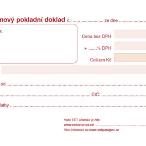 Příjmový pokl. doklad Baloušek NCR PT020 - propisující Přímopropisující tiskopis  formátu A6 je přizpůsoben pro EET evidenci (elektronická evidence tržeb). Vnitřní listy s červeným tiskem pro snadné čtení a přehlednou evidenci. Lepený blok zajišťuje pohodlné používání a stabilitu při vypisování. Samopropisovací technologie NCR umožňuje vyhotovení více kopií najednou bez použití kopírovacího papíru. Nečíslovaný tiskopis splňuje požadavky pro evidenci pokladních příjmů. Praktické řešení pro obchody