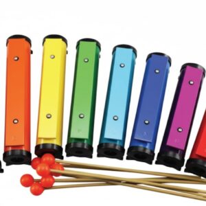 Metalofon - zvonkohra 8 tónů Tento barevný metalofon je ideální volbou pro začínající hudebníky! Obsahuje 8 tónů diatonické stupnice od C2 do C3. Jednotlivé trubice lze individuálně sestavit a spojit dohromady