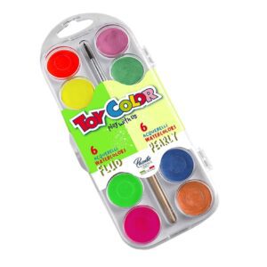 Barvy vodové Toy color 30mm/6 perleťových 6 neonových barev Italské vodové barvy v plastovém pouzdře se štětcem – ideální pro školní i domácí tvoření. Obsahují 6 zářivých neonových a 6 elegantních perleťových odstínů