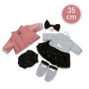 Obleček pro panenku Nicole 35cm Čtyřdílný obleček pro panenku Nicole o velikosti 35 cm značky Llorens. Součástí sady je také ozdobná gumička s mašlí do vlásků