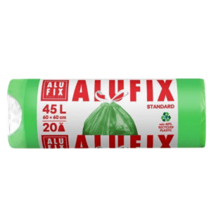 Sáček do koše 45l/60x60/20ks ALUFIX Standard pevné zatahovací zelené Pytle na odpad značky ALUFIX 45 l v zelené barvě se zatahovací páskou nabízejí praktické řešení pro ukládání odpadu v domácnosti. Vyrobeno minimálně z 60 procent recyklovaného plastu. Disponují praktickou zatahovací páskou pro snadné uzavírání