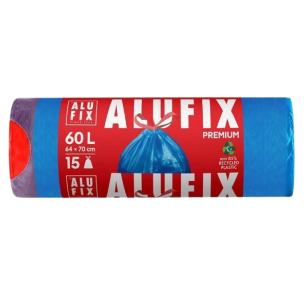 Sáček do koše 60l/64x71/15ks LDPE ALUFIX Premium zatahovací modré Sáček do koše 60l/64x71/15ks LDPE ALUFIX Premium zatahovací modré Pytle na odpad značky ALUFIX 60 l v modré barvě se zatahovací páskou nabízejí praktické řešení pro ukládání odpadu v domácnosti. Vyrobeno minimálně z 85 procent recyklovaného plastu