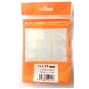 Etikety samolep. 35x27/90 etiket Samolepicí etikety o rozměrech 35 x 27 mm jsou ideální pro běžné použití v kanceláři či domácnosti. Balení obsahuje 90 bílých etiket uspořádaných na arších formátu A6. Tyto etikety jsou vhodné pro ruční popisování a lze je využít k označování dokumentů