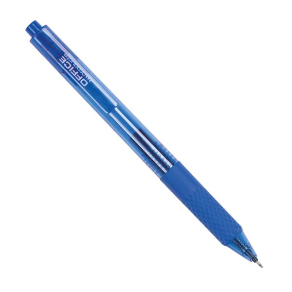 Gelové pero Office modré Gelové pero Office modré Kuličkové pero s velkokapacitní gelovou náplní pro plynulé a komfortní psaní. Ergonomicky tvarovaný gumový grip a reliéfní vzor pro pohodlný úchop. Automatické zasunutí hrotu chrání před potřísněním inkoustem. Transparentní tělo z odolného AS plastu pro snadnou kontrolu náplně. Světlostálý