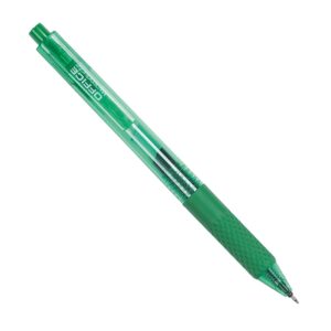 Gelové pero Office  zelené Kuličkové pero s velkokapacitní gelovou náplní pro plynulé a komfortní psaní. Ergonomicky tvarovaný gumový grip a reliéfní vzor pro pohodlný úchop. Automatické zasunutí hrotu chrání před potřísněním inkoustem. Transparentní tělo z odolného AS plastu pro snadnou kontrolu náplně. Světlostálý