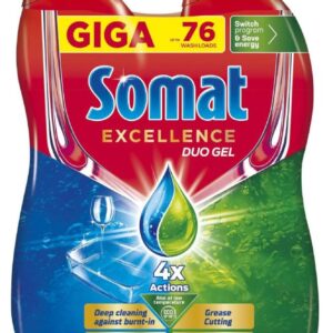 SOMAT gel do myčky Excellence 2x684ml Somat Gel do myčky Somat Excellence dokonale odstraňuje zbytky jídla i odolnou mastnotu a zanechává čisté a zářivě lesklé nádobí. Snadno rozpouští nečistoty a neulpívá na nádobí