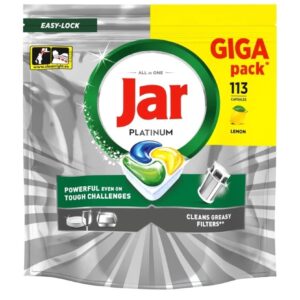 Tablety do myčky JAR Platinum 113ks Získejte nekompromisní čistotu a oslnivý lesk s kapslemi do myčky Jar Platinum All in One. Toto výhodné Giga balení obsahující 113 tablet představuje ideální řešení pro domácnosti