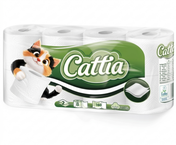 Toaletní papír 200 2vrs. Cattia Toaletní papír 200 2vrs. Cattia Toaletní papír Cattia je vyroben ze 100% celulózy. Návin jedné role je 18 metrů.Jemný bílý dvouvrstvý toaletní papír s ražbou balený po 8 rolích.