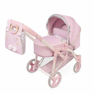 Skládací kočárek pro panenky 3v1 s přenosnou taškou Sophie - 75 cm Skládací kočárek pro panenky 3v1 s přenosnou taškou Sophie 2025 - 75 cm je součástí elegantní a něžné dívčí kolekce v jemných světle růžových tónech doplněný o světle šedé a bílé krajky a mašličky