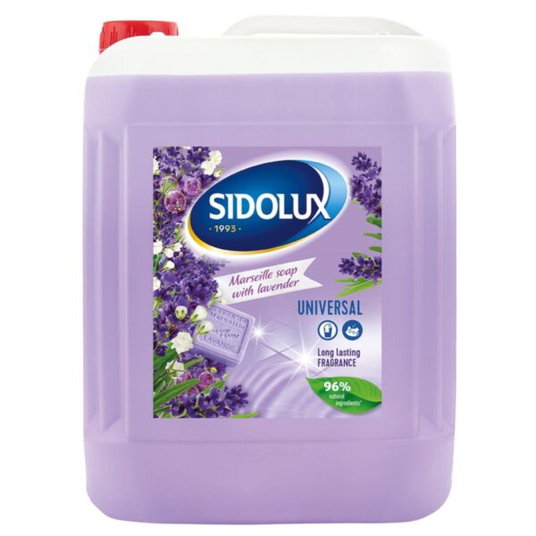 Sidolux Soda Power universal čistič 5l Marseillské mýdlo s levandulí Sidolux Soda Power universal čistič 5l Marseillské mýdlo s levandulí Čisticí prostředek SIDOLUX je vhodný na všechny omyvatelné povrchy. Velmi efektivně emulguje nečistoty díky systému Soda Power a snadněji je díky tomu odstraňuje z mytého povrchu. S prostředkem Sidolux je úklid snadný a příjemný díky vyjímečným vůním