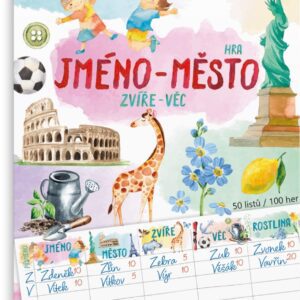 Blok pro hru  Jméno - město Zahrajte si klasickou hru Jméno - město! Praktický blok ve formátu A5 obsahuje 50 listů pro vaši zábavu doma i na cestách. Stačí jen tužka a chuť hrát.