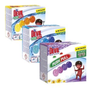 Devil WC gel  Push Pull Gel mix 4x20 gr WC bodový blok Dr. Devil Push Pull Gel. První WC závěs bez košíku. Svěže voní