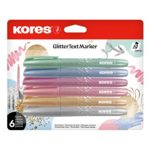Zvýrazňovač KORES Glitter 6ks metalické barvy s třřpytivým efektem Kores třpytivé zvýrazňovače jsou určeny pro plynulé zvýrazňování textu a dekorativní popisování na všech typech papíru. Jemný třpytivý inkoust dodá textu decentní lesk při zachování jeho čitelnosti.Parametry:-Zkosený hrot