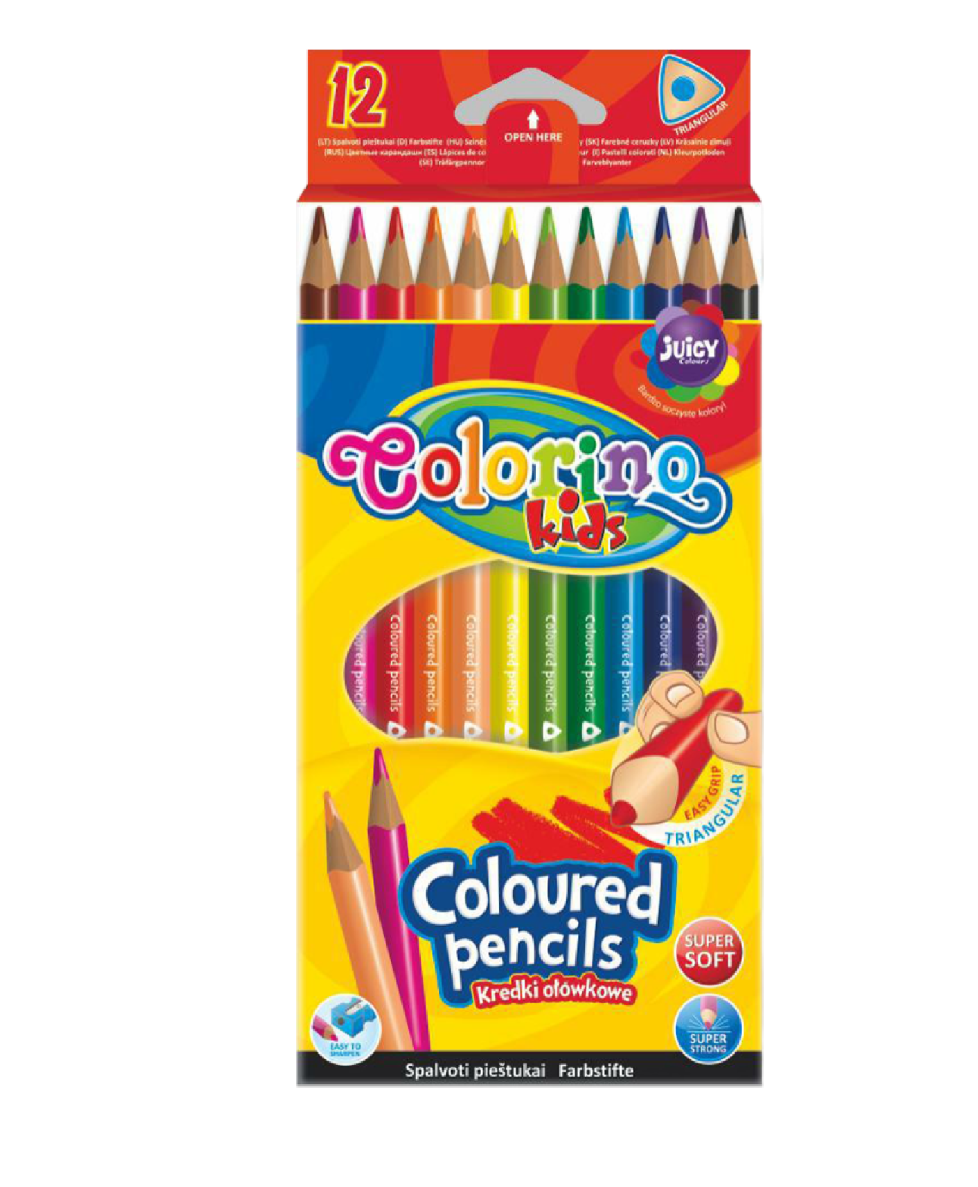 Pastelky Colorino trojhranné 12 barev mix motivů Pastelky Colorino trojhranné 12 barev mix motivů Trojhranné pastelky s vysokým obsahem pigmentu pro krásné a syté barvy. Ergonomický tvar pastelky umožňuje snadné držení a lehké malování. Lepená tuha po celé délce zamezuje zlomení při pádu pastelky.