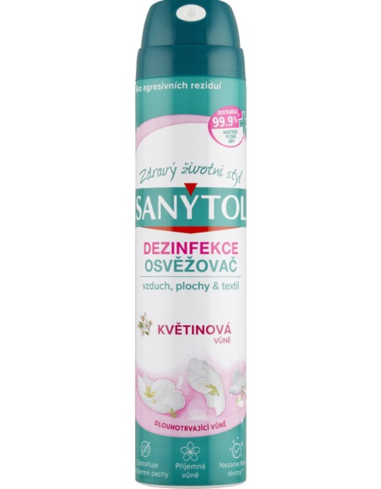 Sanytol osvěžovač vzduchu 300ml Květiny Sanytol osvěžovač vzduchu 300ml Květiny Dezinfekční osvěžovač vzduchu SANYTOL pro dokonalou hygienu pracovního prostředí a příjemnou vůni. Neutralizuje pachy a zabíjí 99