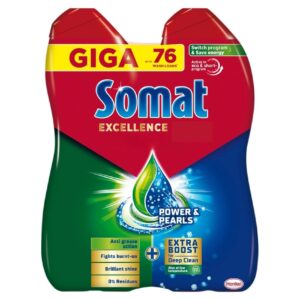SOMAT gel do myčky Excellence 2x684ml Somat Gel do myčky Somat Excellence dokonale odstraňuje zbytky jídla i odolnou mastnotu a zanechává čisté a zářivě lesklé nádobí. Snadno rozpouští nečistoty a neulpívá na nádobí
