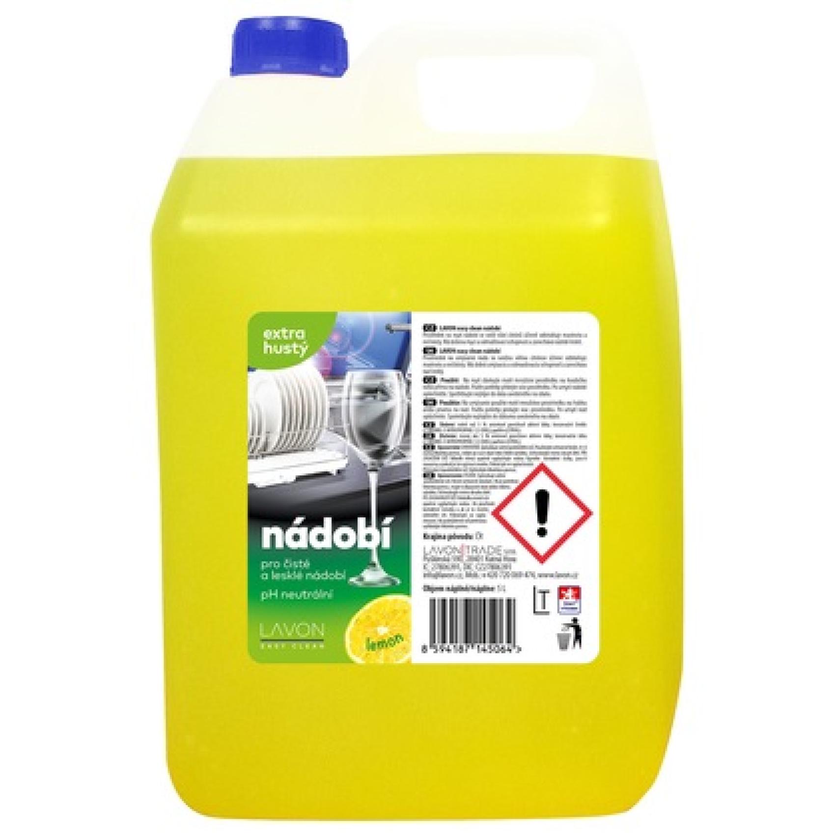 LAVON na nádobí 5l citron LAVON na nádobí 5l citron LAVON prostředek na mytí nádobí se svěží vůní citrónů účinně odstraňuje mastnotu a nečistoty. Má dobrou mycí a odmašťovací schopnost a zanechává nádobí lesklé. Prostředek je extra hustý s neutrálním pH.Objem: 5l