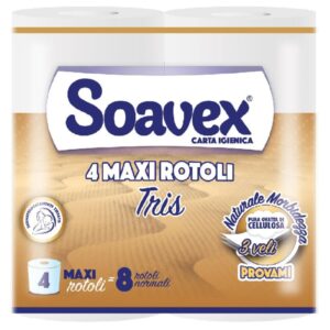 Toaletní papír 200 3vrs. Soavex Tris/návin 17m Jemný třívrstvý toaletní papír Soavex 4 Maxi Rotoli kombinuje italskou kvalitu s maximálním komfortem pro každodenní použití. Vyrobený ze 100 procent celulózy v čisté bílé barvě nabízí výjimečnou měkkost a absorpci. Tři vrstvy zajišťují optimální pevnost a příjemný pocit při použití. Každá role obsahuje 155 útržků pro dlouhodobé využití. Ideální volba pro náročné zákazníky